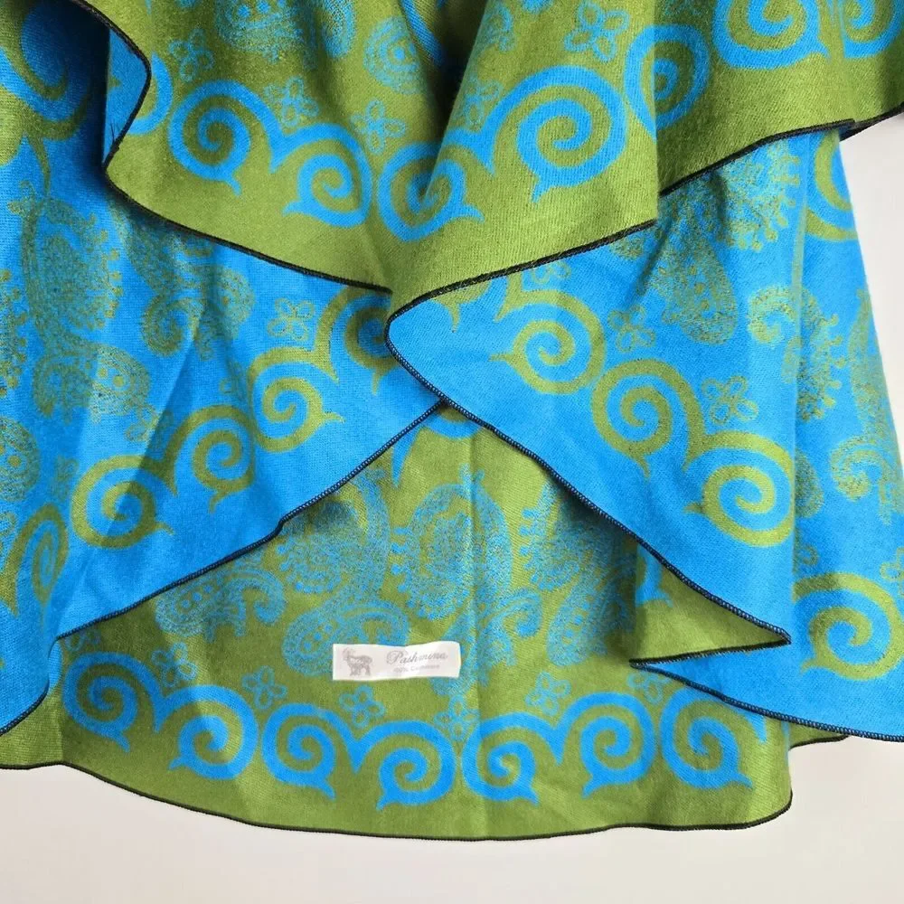Pashmina Womens Reversible‎ Cape Gree Blue Paisley Cashmere Wrap Shawl One Size.